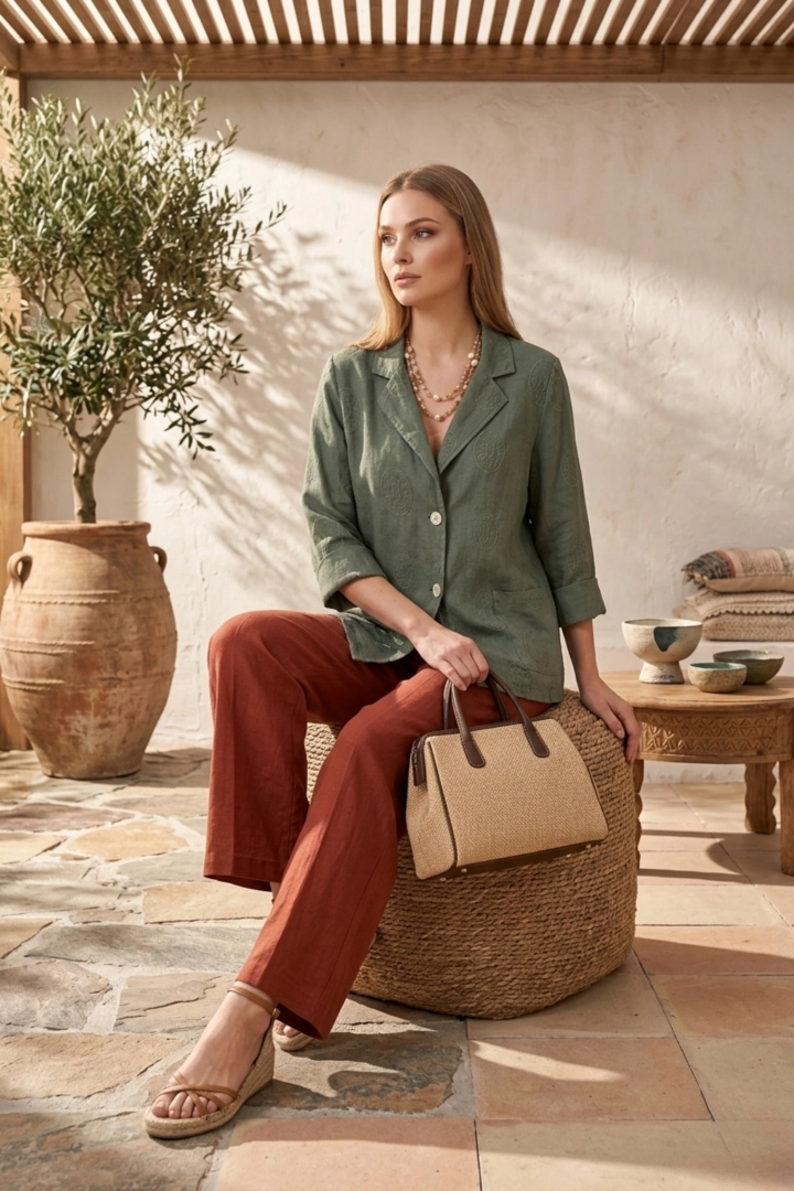 lniany żakiet damski khaki oversize z kieszeniami i haftem elegancki na wiosnę lato Caorle