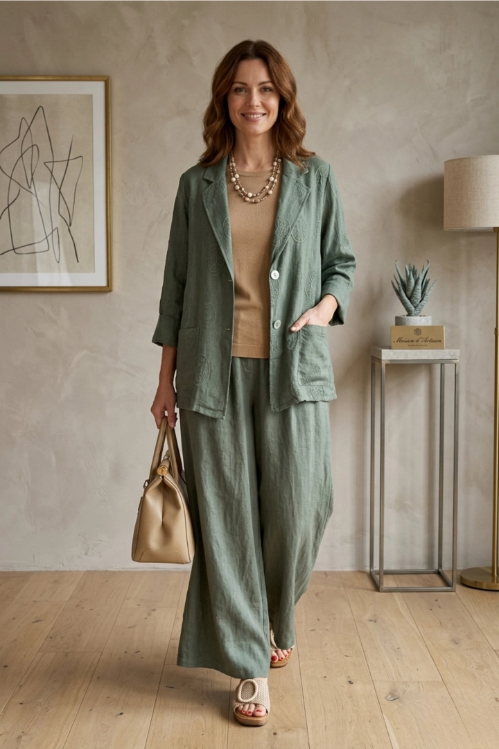 narzutka damska lniana khaki elegancka z haftem i guzikami styl casual chic Caorle