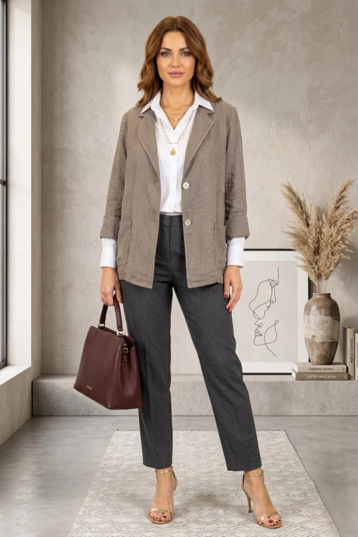 lniany żakiet damski fango oversize z haftem elegancki casual z kieszeniami Caorle