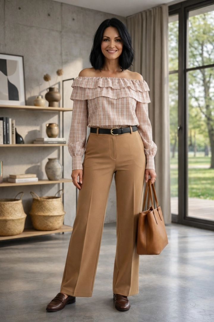 Bluzka hiszpanka damska casual w kratę z długim rękawem i falbanką Cinqueterre pudrowy róż