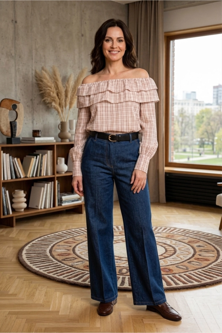 bluzka damska hiszpanka pudrowy róż w kratę casual chic z długim rękawem Cinqueterre