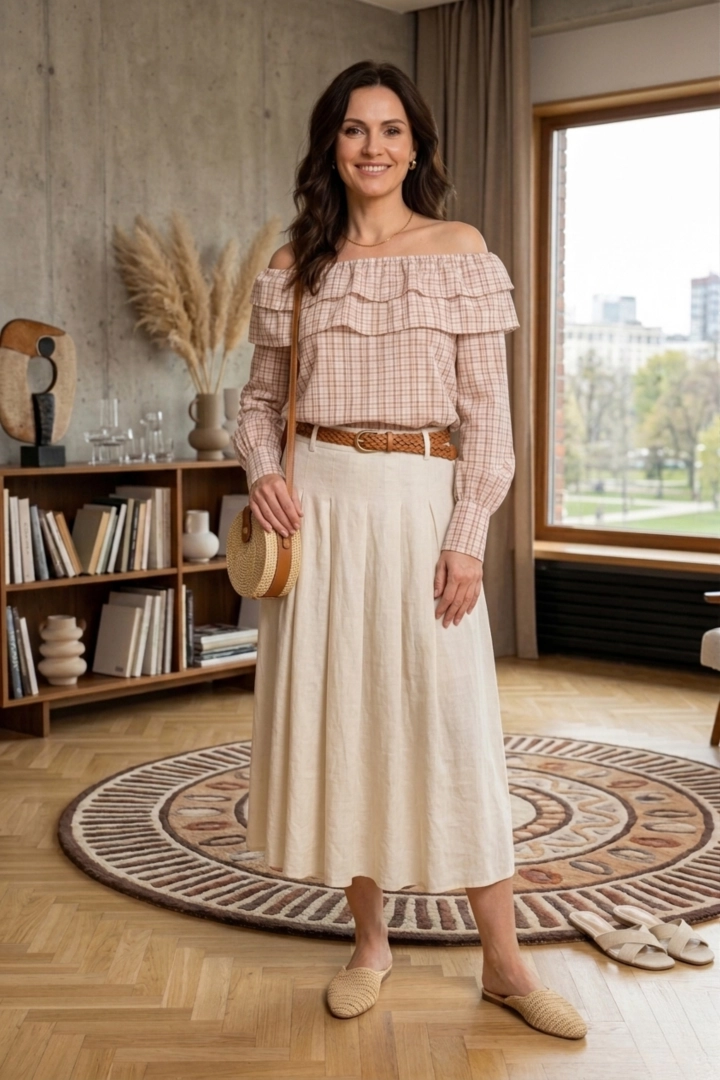 bluzka damska hiszpanka casual pudrowy róż w kratę z odkrytymi ramionami Cinqueterre