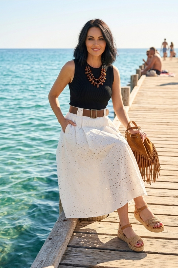 spódnica damska midi ażurowa ecru Fontecchio boho rozkloszowana na wiosnę lato