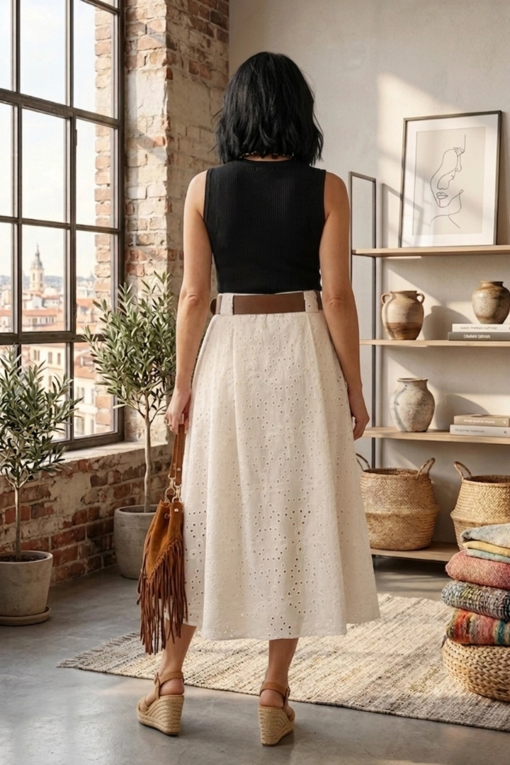 spódnica midi ecru boho ażurowa na gumce rozkloszowana styl letni elegancki