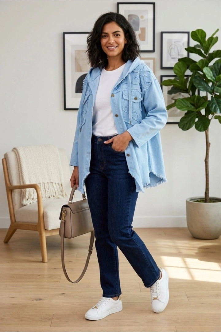 katana jeansowa damska błękitna Vallecorsa surowe wykończenie casual elegancki styl