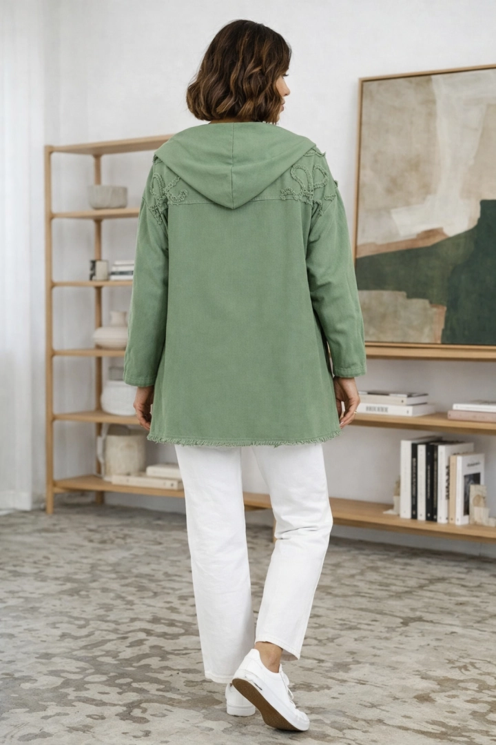 katana jeansowa damska khaki Vallecorsa surowe wykończenie casual elegancka narzutka