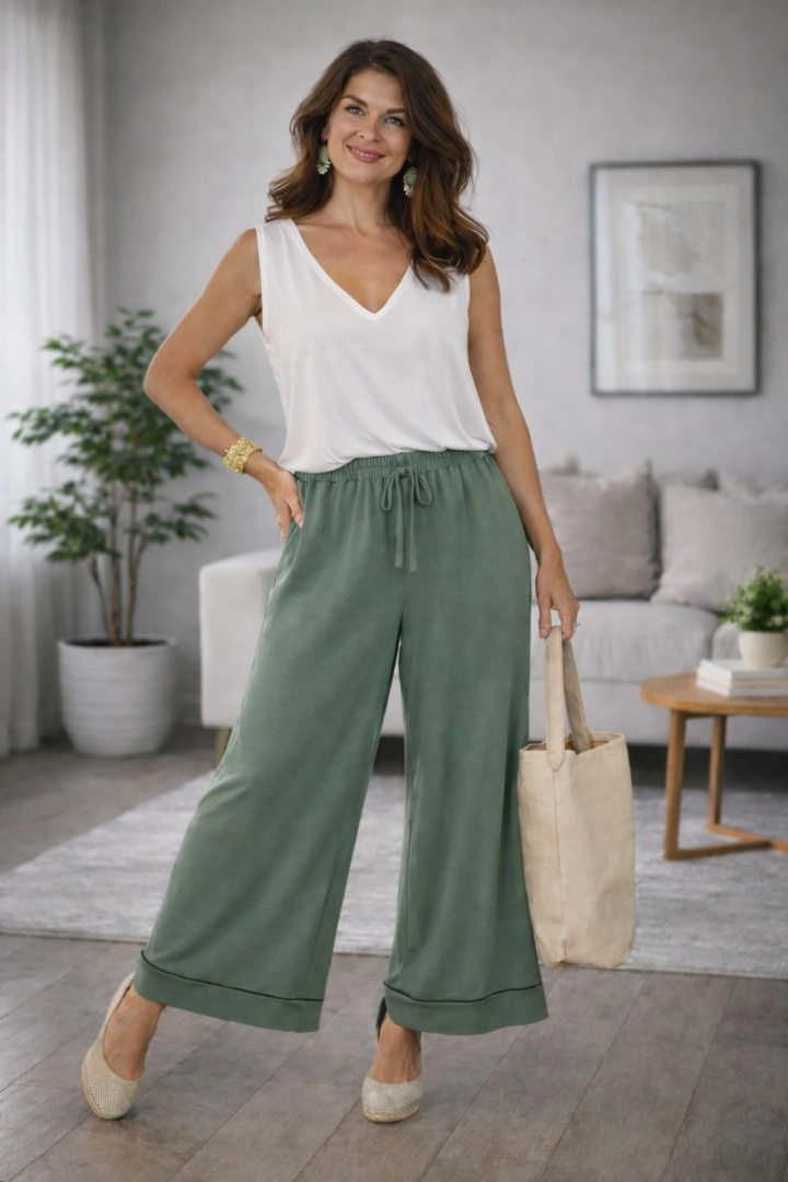 Spodnie palazzo khaki z wysokim stanem na gumce z troczkami i kieszeniami Campolungo