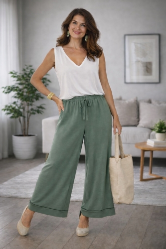 spodnie palazzo khaki Campolungo na gumce z wysokim stanem i kieszeniami casual letnie