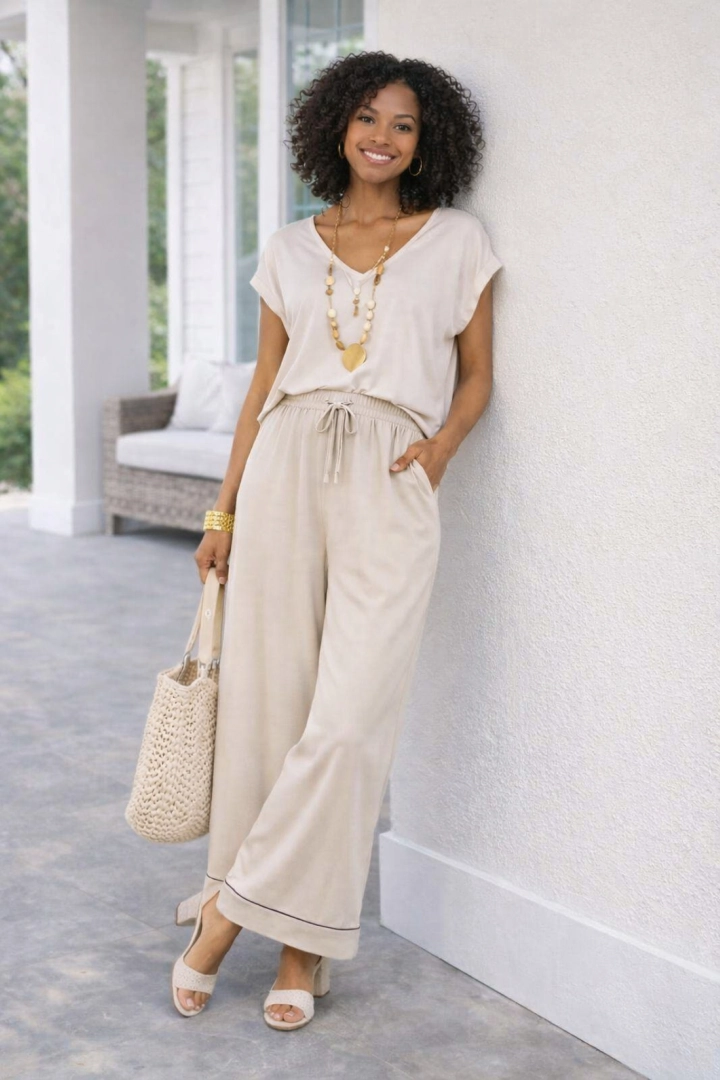 Spodnie palazzo beżowe z wysokim stanem na gumce z troczkami i kieszeniami Campolungo 