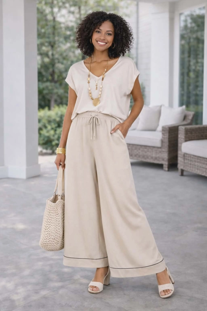 spodnie damskie beżowe Campolungo palazzo szerokie nogawki z troczkami casual chic