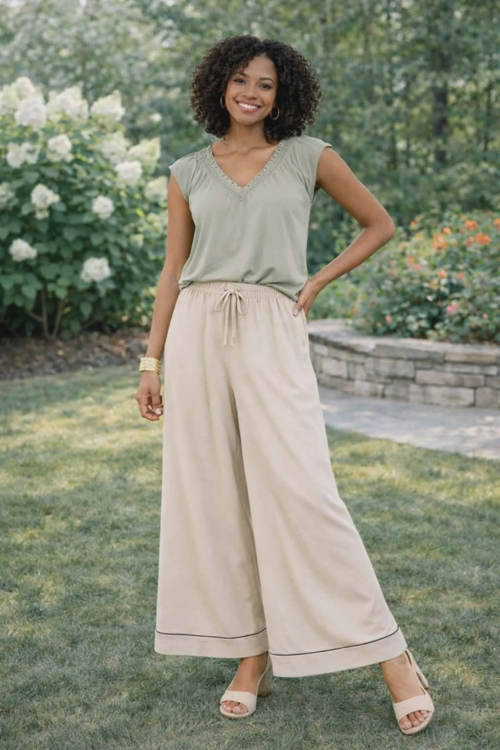 spodnie palazzo beżowe Campolungo wysokim stanem luźne wygodne styl miejski elegancki