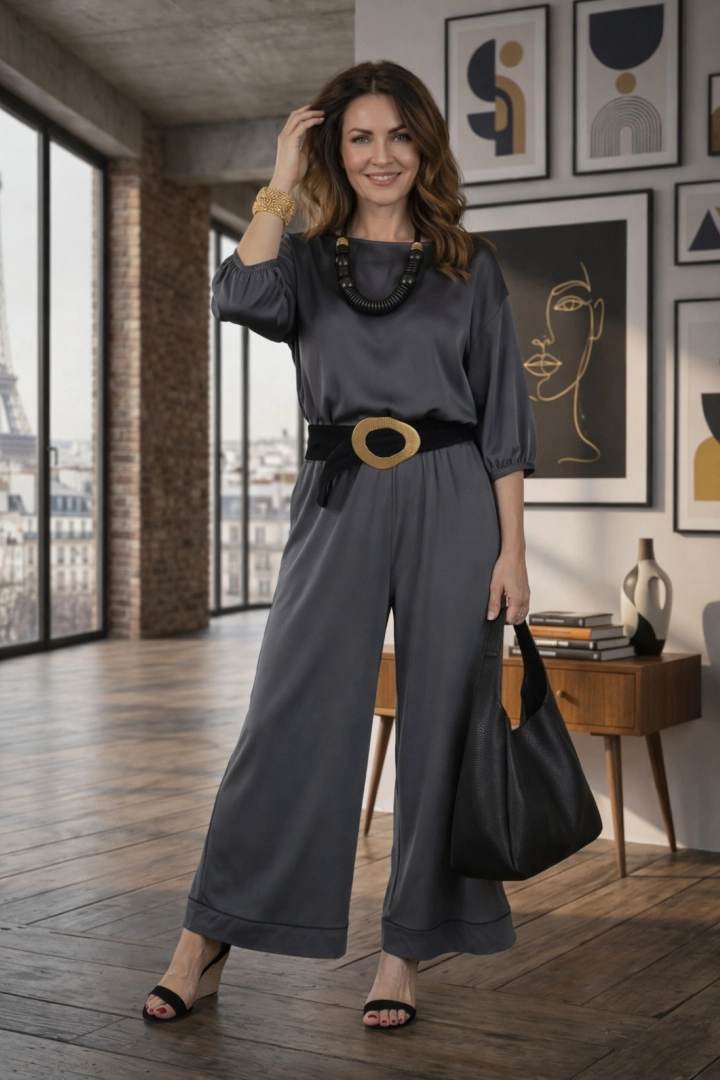 Spodnie palazzo grafitowe z wysokim stanem na gumce z troczkami i kieszeniami Campolungo