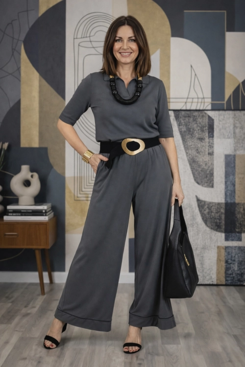 spodnie damskie grafitowe Campolungo z troczkami i kieszeniami palazzo eleganckie casual