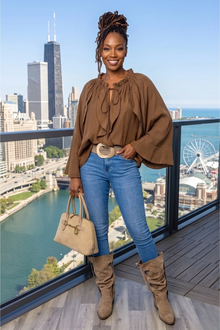 bluzka damska Molella czekoladowa z falbanami i wiązanym dekoltem V elegancka casual