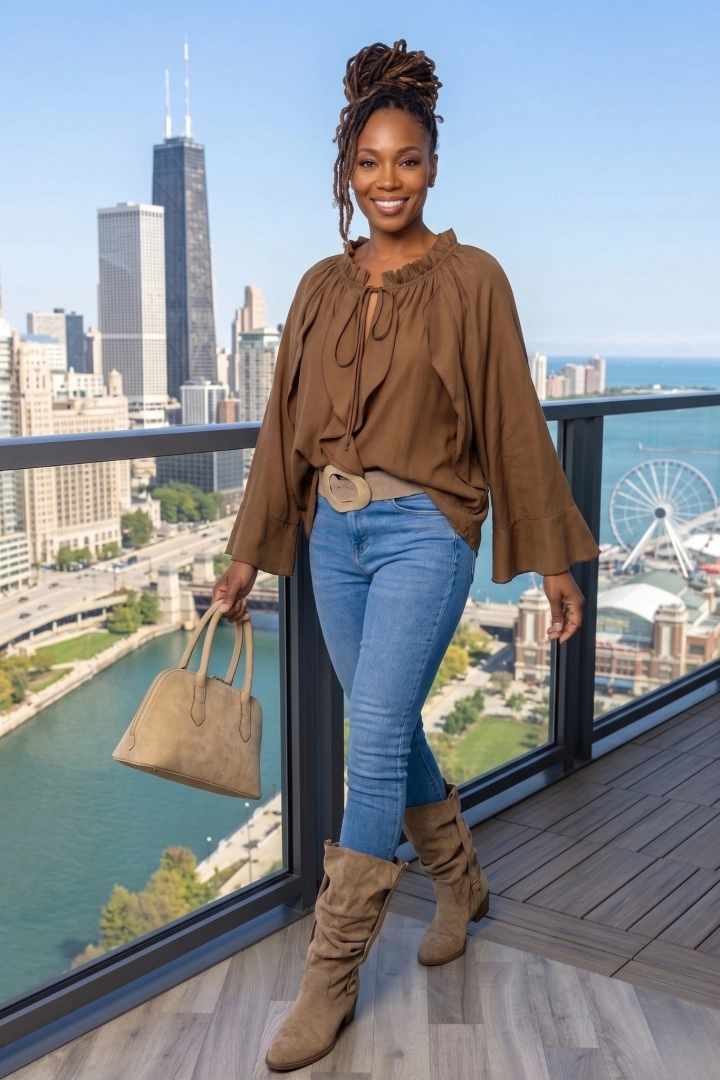 bluzka Molella czekoladowa z luźnym krojem i falbanami styl boho casual chic