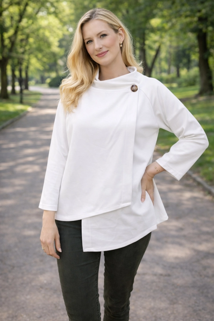 Żakiet damski asymetryczny narzutka casualowa zapinana na guziki z długim rękawem Scandicci biały