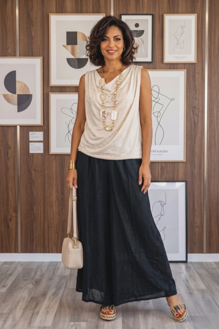 Baucina spodnie damskie czarne palazzo z wysokim stanem na gumce bawełniane gniecione kieszenie