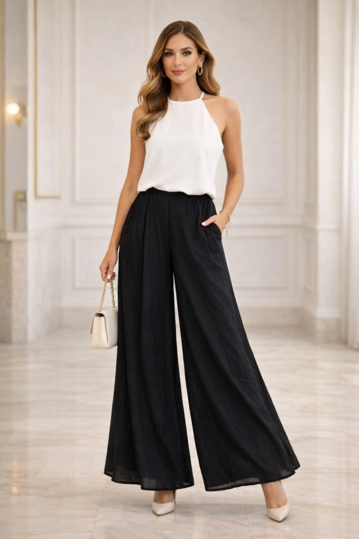 Spodnie damskie palazzo bawełniane gniecione z wysokim stanem na gumce z kieszeniami i podszewką Baucina czarne