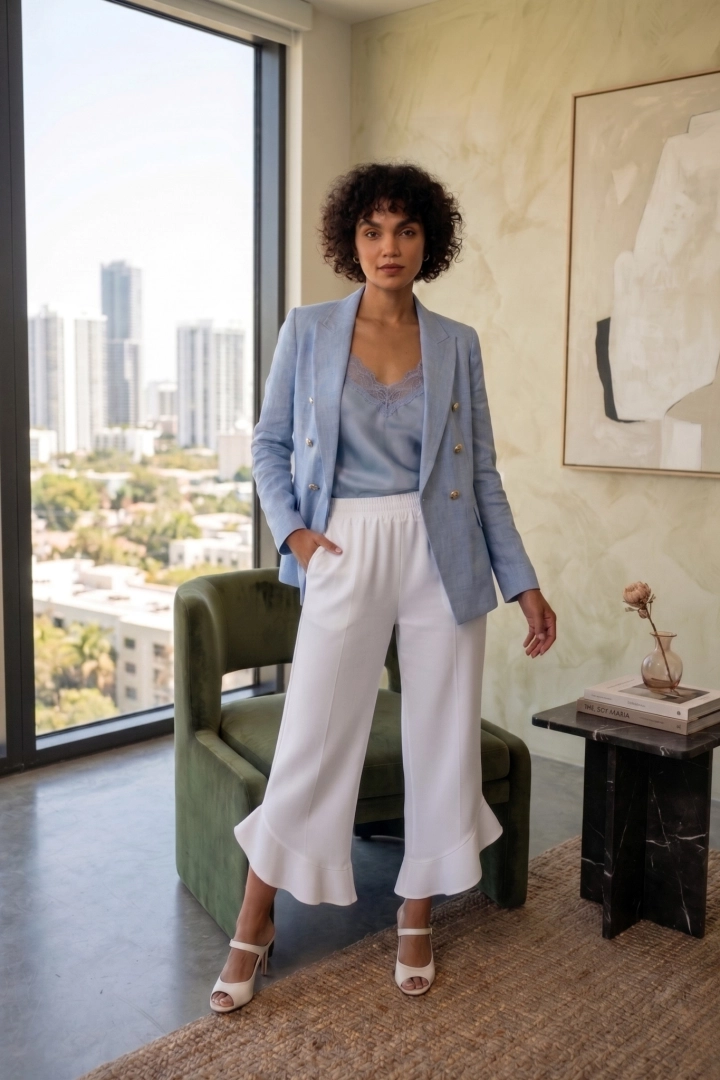 Spodnie damskie na gumce asymetryczne  z falbanką z kieszeniami Bellafarnia białe