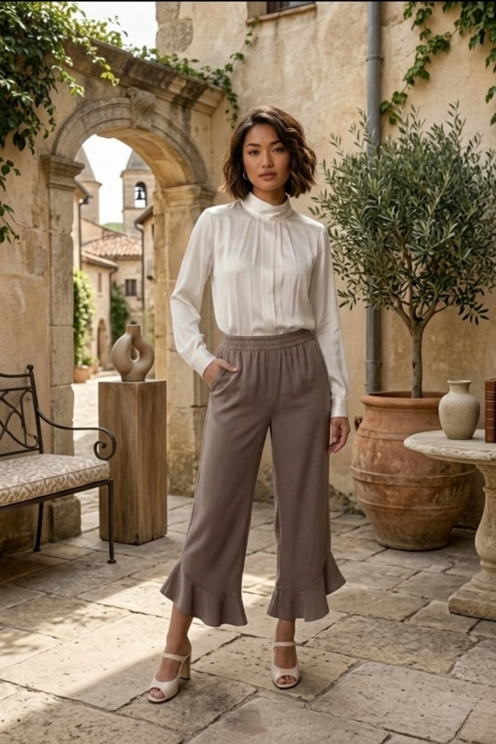 Spodnie damskie na gumce asymetryczne  z falbanką z kieszeniami Bellafarnia fango