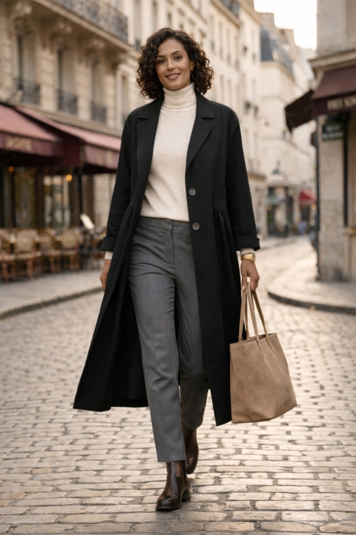 Płaszcz damski czarny długi oversize rozkloszowany z kołnierzem zapinany na guziki z kieszeniami elegancka narzutka casual Ollastra