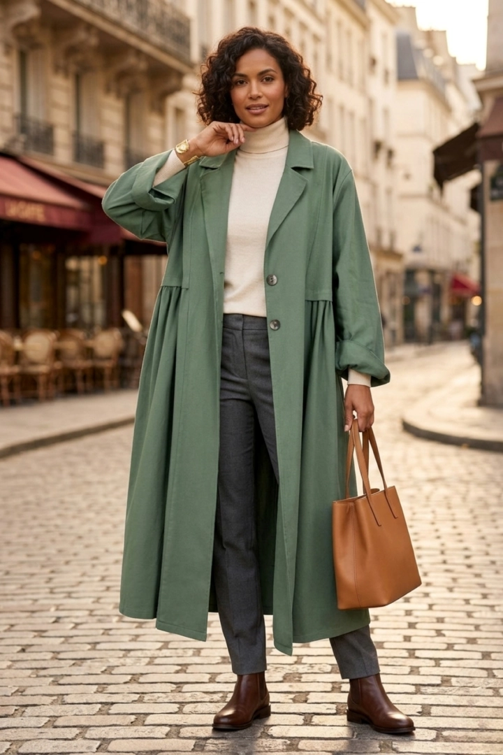 Płaszcz damski khaki długi oversize rozkloszowany z kołnierzem zapinany na guziki z kieszeniami elegancka narzutka casual Ollastra