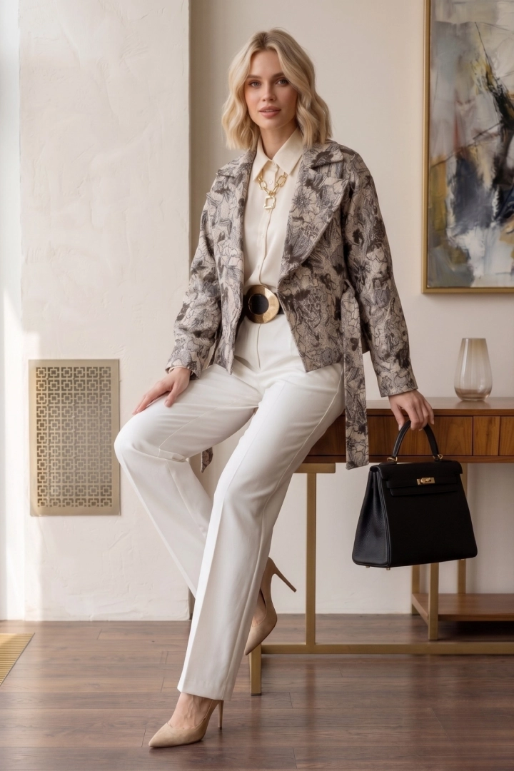 Żakiet damski żakardowy beżowy z guzikami i paskiem Baggiovara sprawdza się w stylizacjach codziennych i eleganckich.