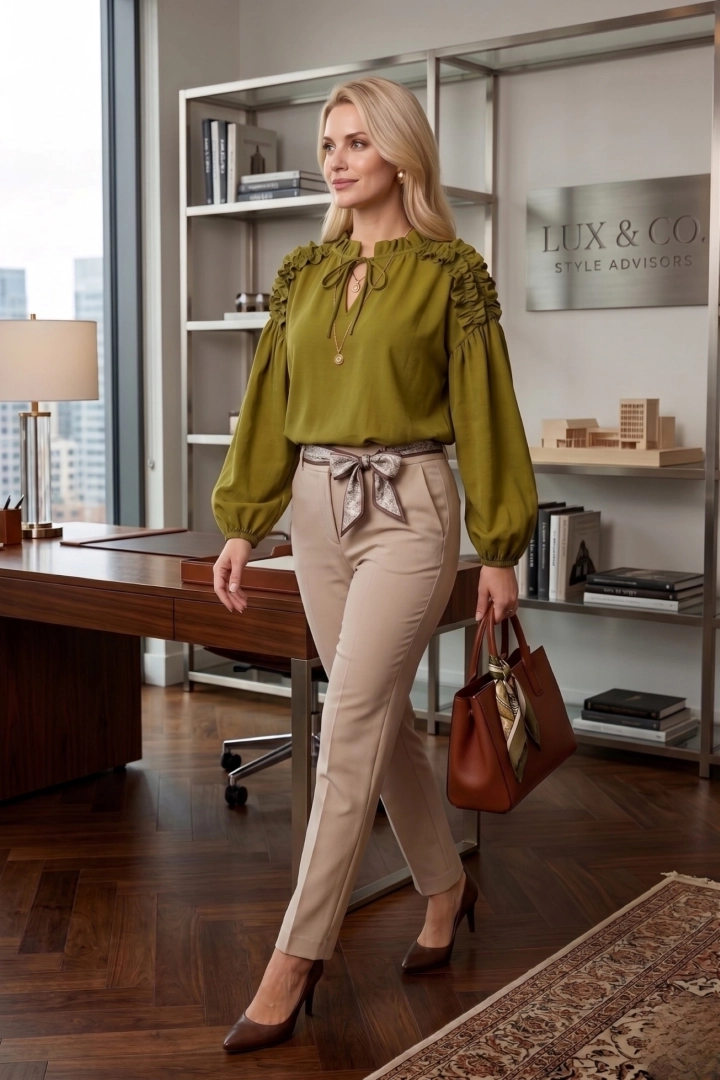 Bluzka damska oliwkowa elegancka z długim rękawem i marszczeniem Abruzja dobrze układa się na sylwetce.