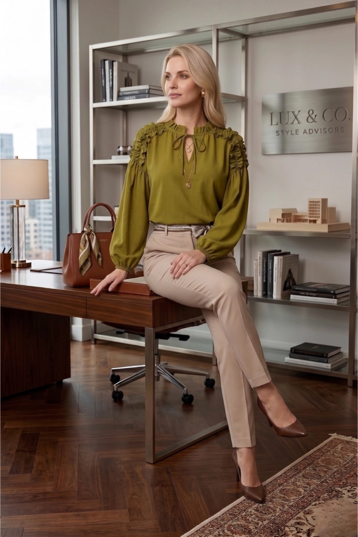 Bluzka damska oliwkowa z balonowymi rękawami i falbanką Abruzja zapewnia wygodę i estetyczny wygląd.