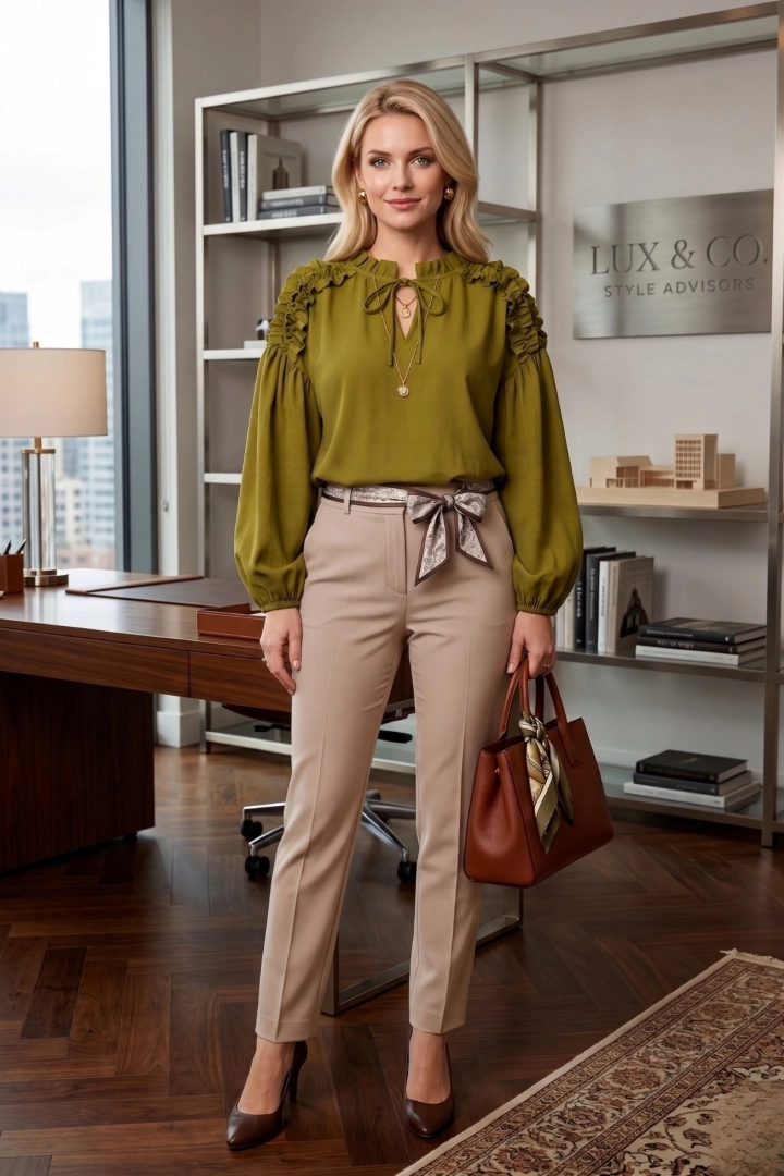 Bluzka damska oliwkowa z wiązanym dekoltem i falbanką przy ramionach Abruzja podkreśla proporcje sylwetki.