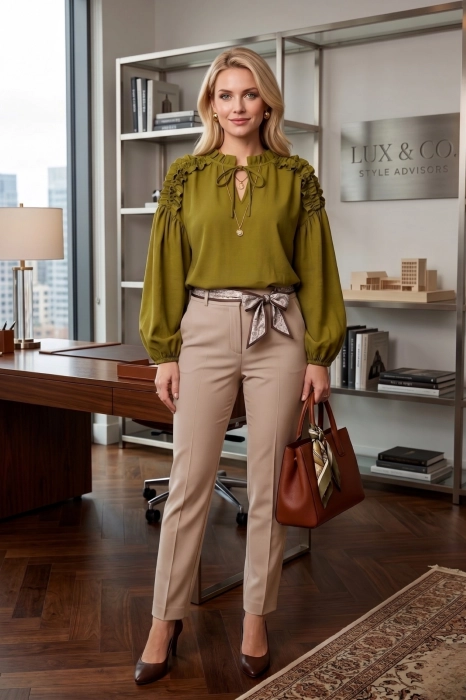 Bluzka damska oliwkowa z wiązanym dekoltem i falbanką przy ramionach Abruzja podkreśla proporcje sylwetki.
