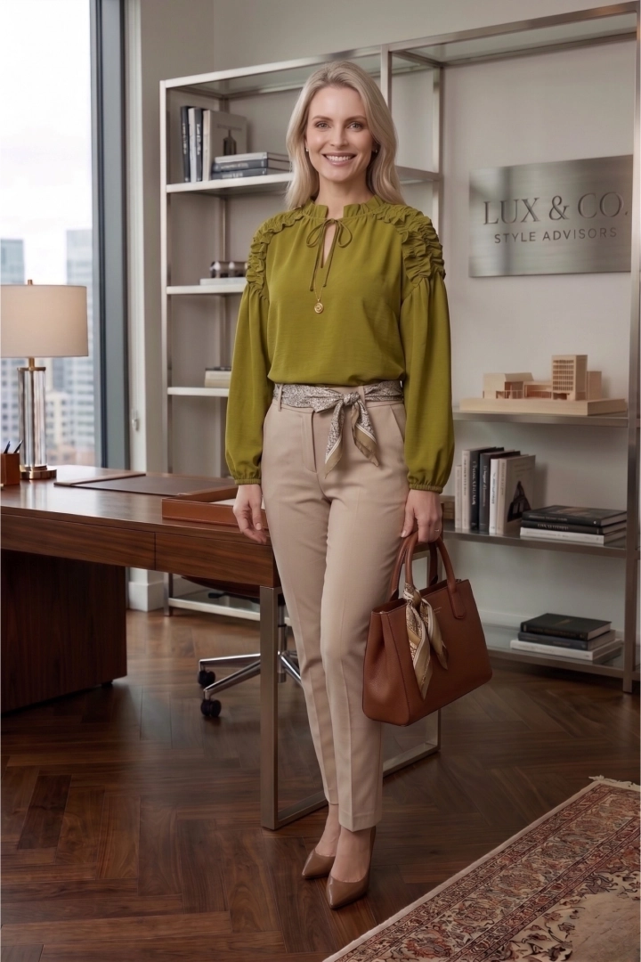 Bluzka damska oliwkowa stylowa z marszczonymi ramionami i wiązaniem przy szyi Abruzja sprawdza się na co dzień.