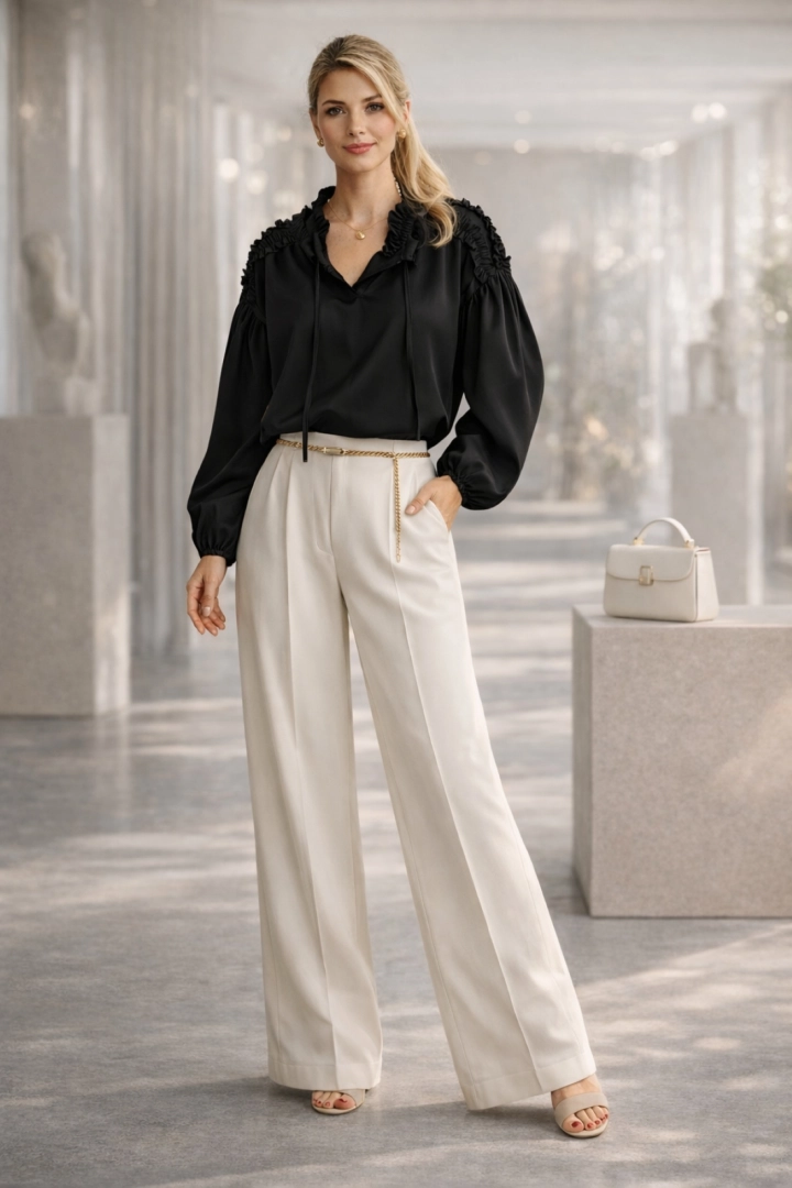 Bluzka damska czarna z wiązanym dekoltem marszczoną falbanką na ramionach i długim rękawem Abruzja