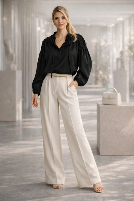 Bluzka damska czarna z wiązanym dekoltem i falbanką przy ramionach Abruzja podkreśla proporcje sylwetki.