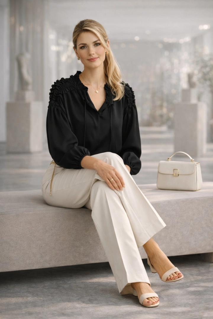 Bluzka damska czarna stylowa z marszczonymi ramionami i wiązaniem przy szyi Abruzja sprawdza się na co dzień.