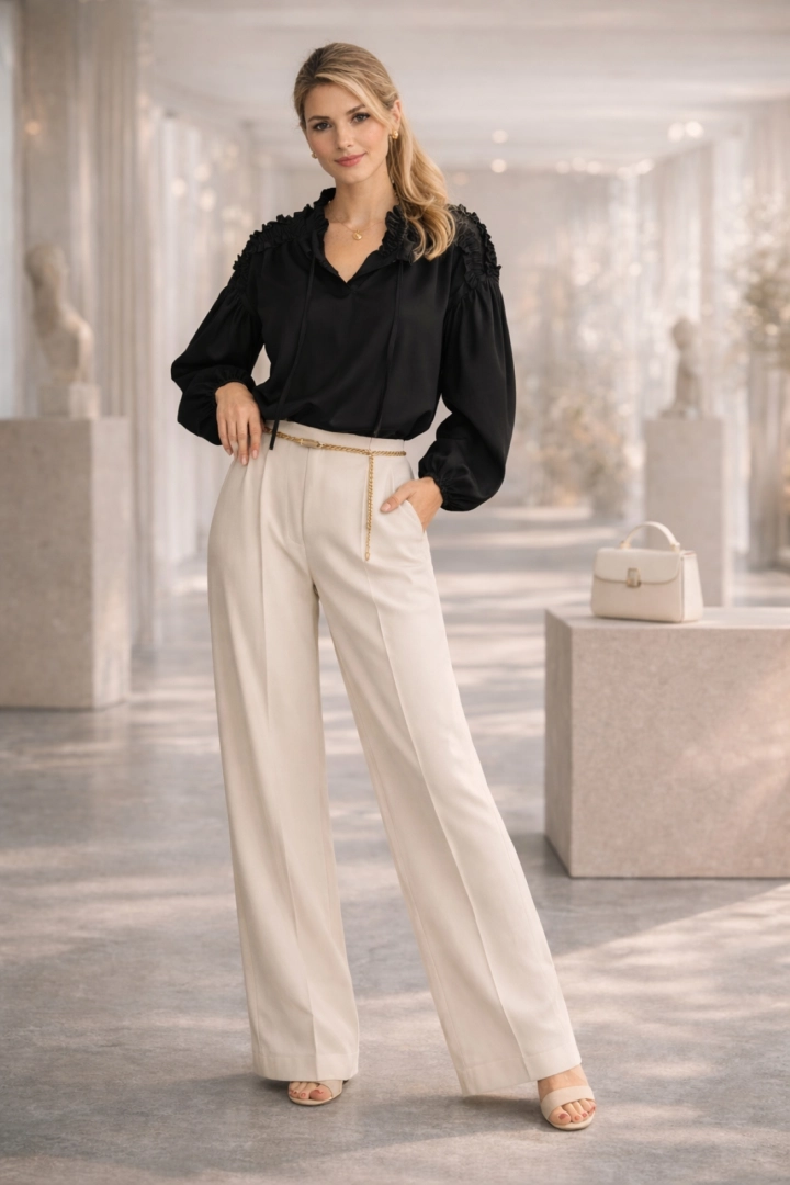 Bluzka damska czarna elegancka z balonowymi rękawami i długim rękawem Abruzja dobrze układa się w ruchu.