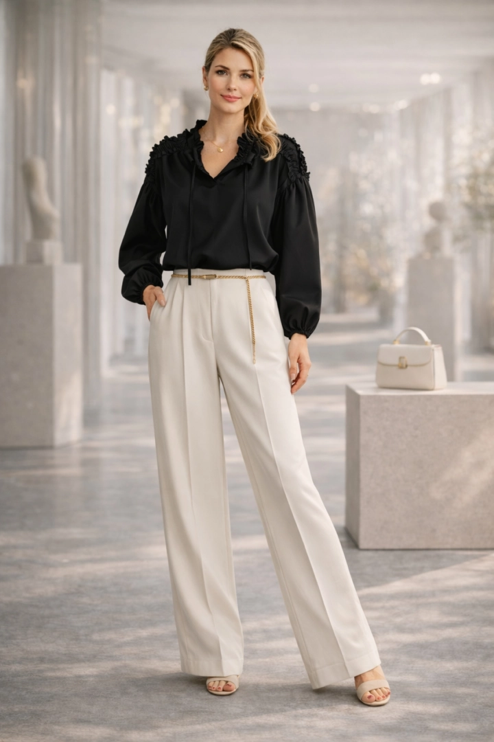 Bluzka damska czarna z falbanką i dekoltem wiązanym Abruzja tworzy dopracowany i wyrazisty wygląd.