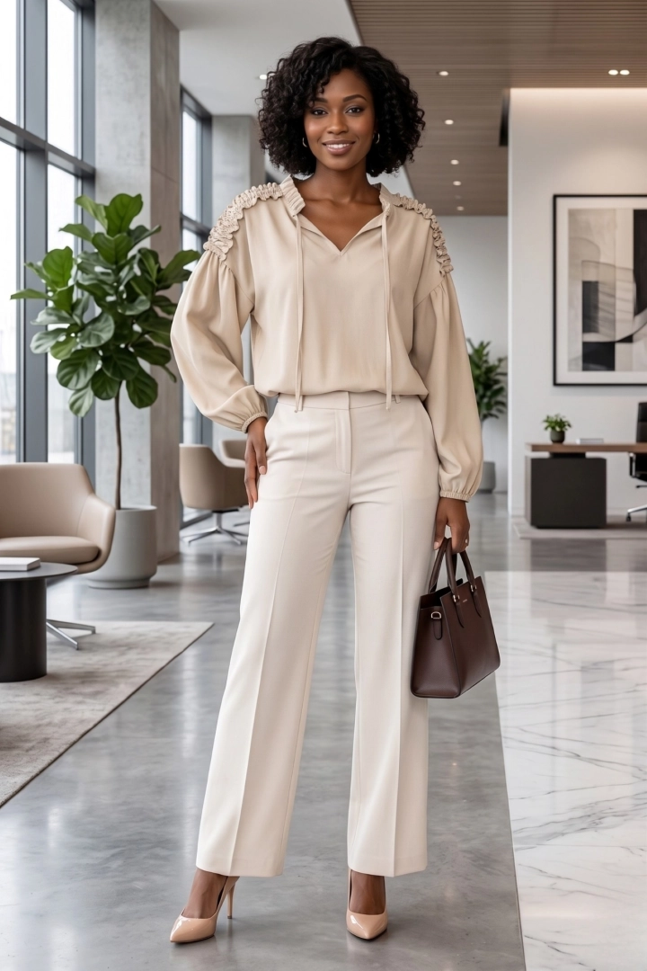 Bluzka damska beżowa z wiązanym dekoltem i marszczoną falbanką przy ramionach Abruzja