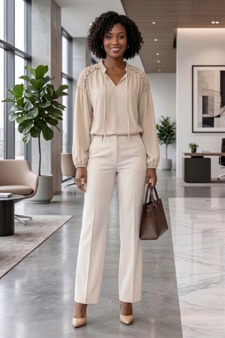 Bluzka damska kremowa z falbanką przy ramionach i długim rękawem Abruzja