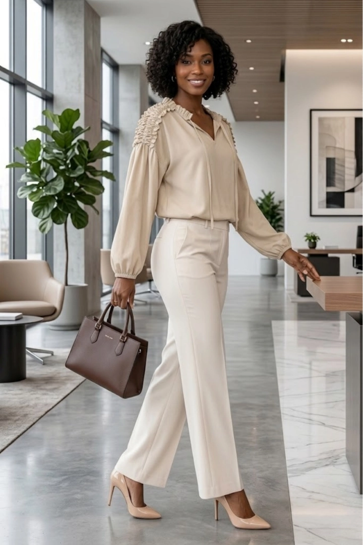 Bluzka damska beżowa elegancka z balonowymi rękawami i dekoltem wiązanym Abruzja