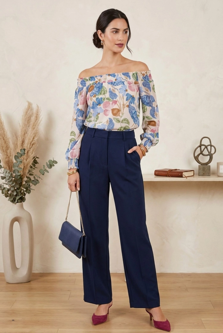 Bluzka hiszpanka boho z długim rękawem w kwiaty z odkrytymi ramionami Acciarella beżowo niebieska