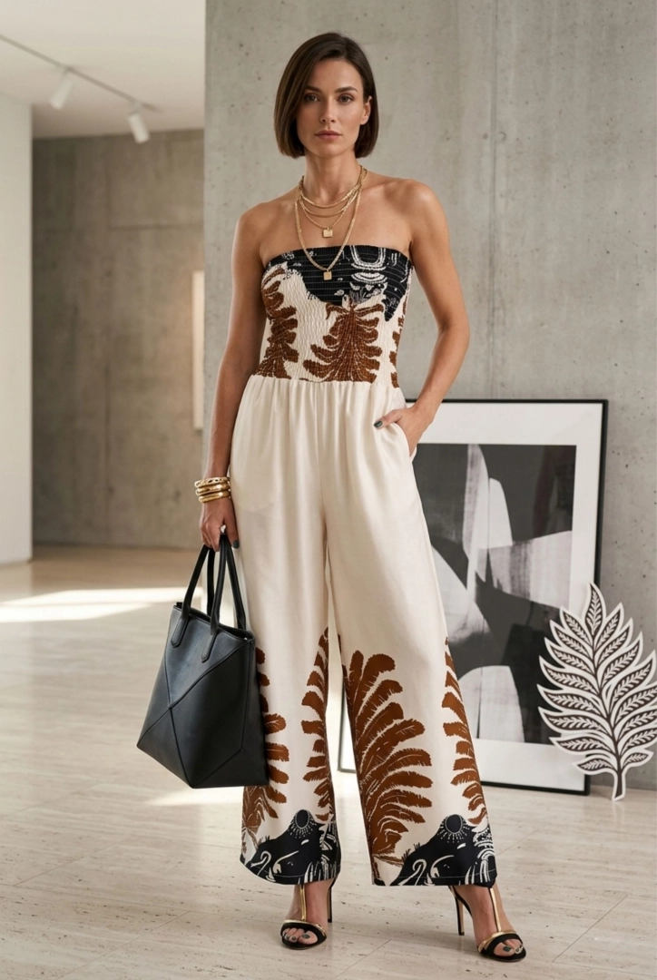Kombinezon damski satynowy bez ramiączek z marszczoną górą szeroką nogawką i kieszeniami wzór liści Casaleggia ecru