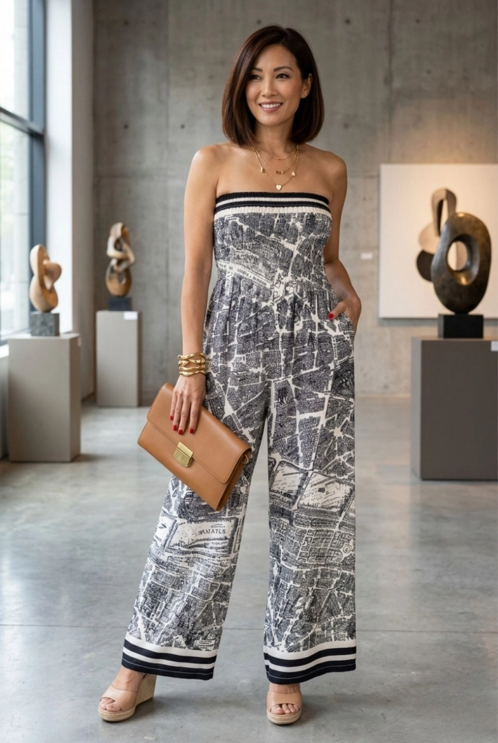 Kombinezon damski satynowy bez ramiączek z marszczoną górą szeroką nogawką i kieszeniami wzór miasta Casaleggia ecru z czarnym