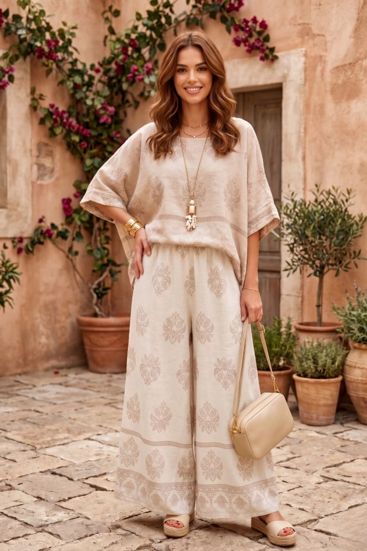 Spodnie lniane  palazzo na gumce z kieszeniami wysokim stanem luźna nogawka print ornamenty Partanna beżowe