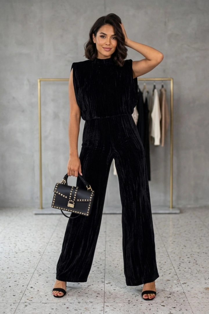 Welurowy kombinezon z szerokimi nogawkami i bez rękawów elegancki z rozcięciem na plecach Flumendosa czarny 