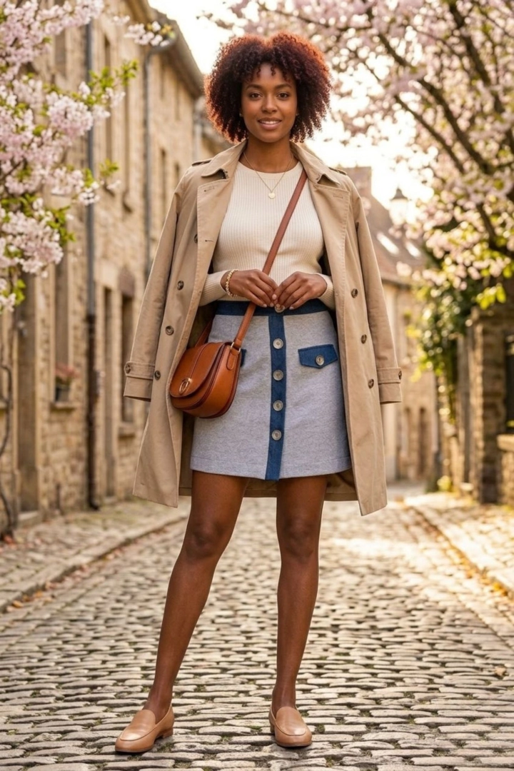 Spódnica mini zapinana na guziki z miękkiej bawełny z jeansowymi wstawkami i patkami imitującymi kieszenie Vespolate szara