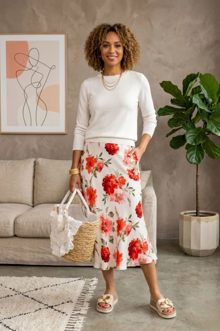 Spódnica midi satynowa na gumce rozkloszowana kwiatowy print Lesina biało czerwona 