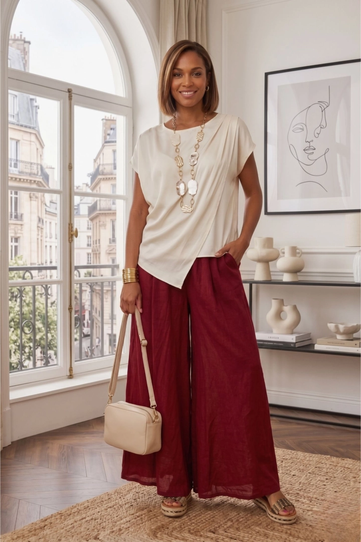 Spodnie damskie palazzo bawełniane gniecione z wysokim stanem na gumce z kieszeniami i podszewką Baucina burgundowe