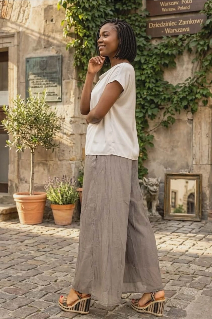 Spodnie damskie palazzo fango bawełniane gniecione z wysokim stanem na gumce z kieszeniami i podszewką Baucina