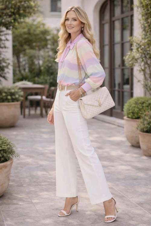 Bluzka oversize damska Cappella pudrowy róż elegancka plus size pastelowa w fale kokarda pod szyją długi rękaw